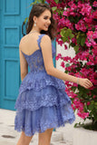 Princess A Line Purple Corset Tiered Short Homecoming Dress with Lace