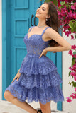 Sparkly Dark Blue Corset Tiered Short Homecoming Dress with Lace