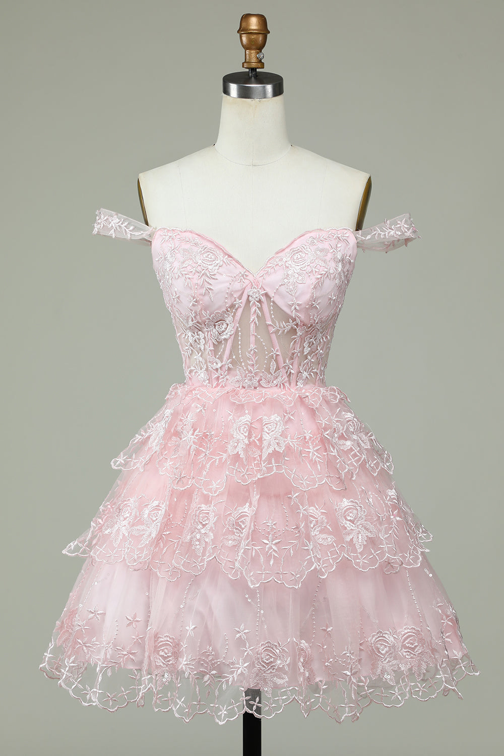 Cute A Line Off the Shoulder Pink Corset Homecoming Dress with Lace