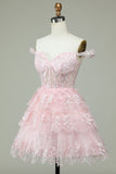 Cute A Line Off the Shoulder Pink Corset Homecoming Dress with Lace