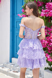 Sparkly A Line Purple Corset Tiered Short Homecoming Dress with Lace