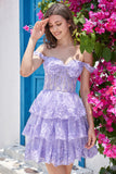 Cute A Line Dark Blue Corset Tiered Short Homecoming Dress with Lace