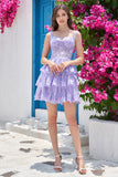 Sparkly A Line Purple Corset Tiered Short Homecoming Dress with Lace