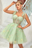 Cute A Line Spaghetti Straps Grey Blue Short Homecoming Dress with Appliques