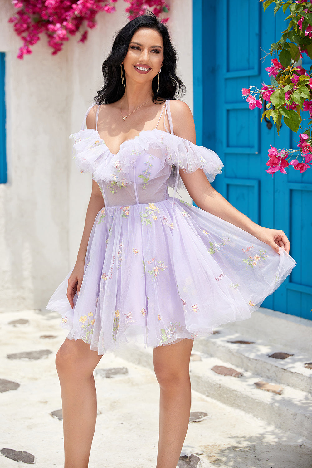 Cute A Line Lavender Off the Shoulder Corset Homecoming Dress with Ruffles