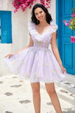 Lavender Off the Shoulder Corset Homecoming Dress with Ruffles