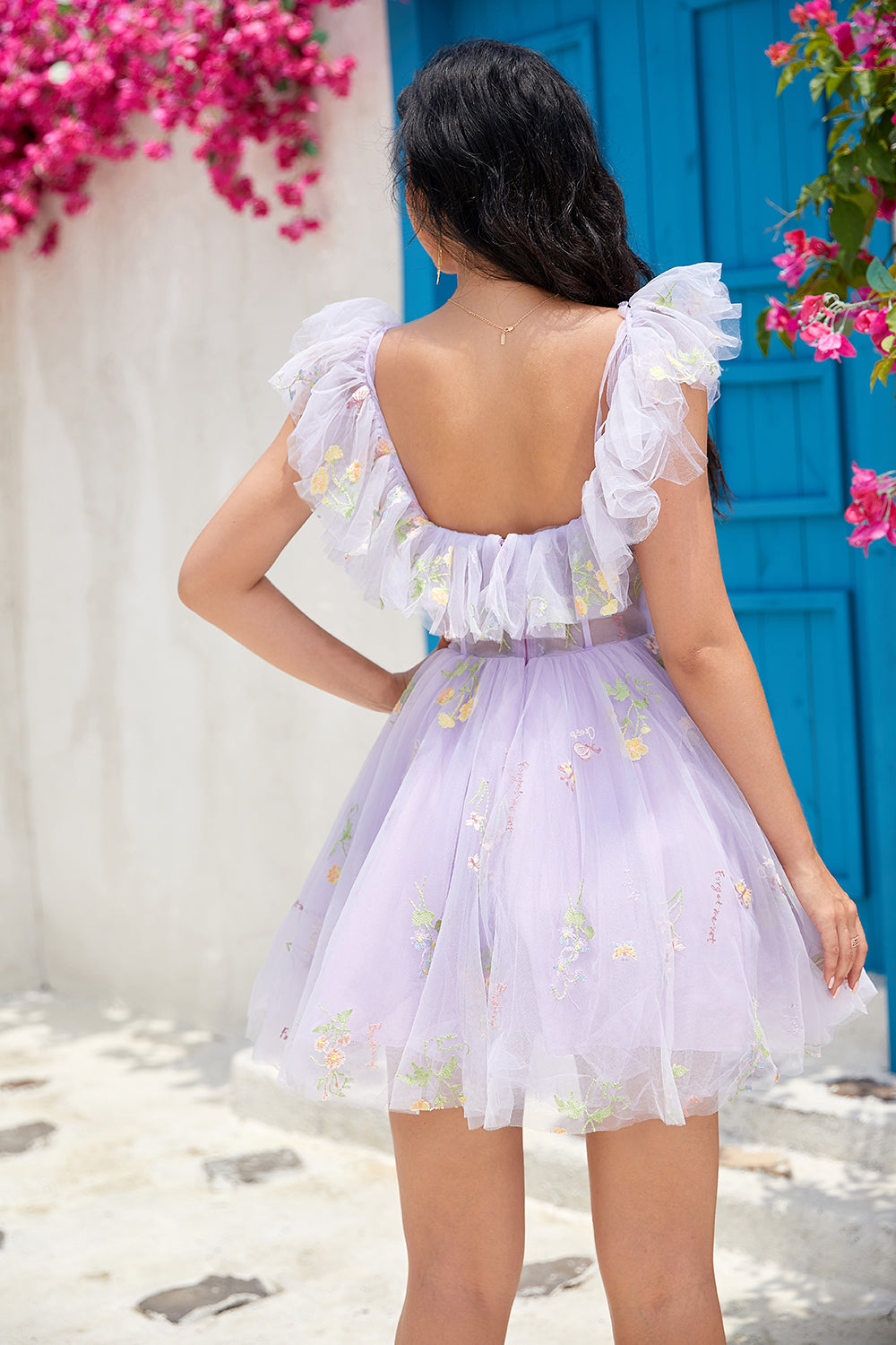 Off the Shoulder Ruffles Tulle Homecoming Dress with Embroidery
