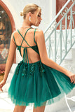 Stylish A Line Spaghetti Straps Dark Green Short Homecoming Dress with Appliques Beading