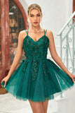 Stylish A Line Spaghetti Straps Dark Green Short Homecoming Dress with Appliques Beading