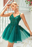 Stylish A Line Spaghetti Straps Dark Green Short Homecoming Dress with Appliques Beading