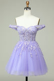 A Line Off the Shoulder Lilac Corset Homecoming Dress with Appliques