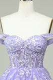 A Line Off the Shoulder Lilac Corset Homecoming Dress with Appliques