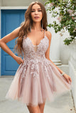 A Line Spaghetti Straps Blush Short Homecoming Dress with Criss Cross Back