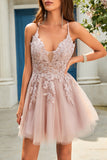 A Line Spaghetti Straps Dark Green Short Homecoming Dress with Appliques