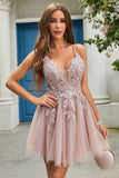 A Line Spaghetti Straps Blush Short Homecoming Dress with Criss Cross Back