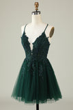 A Line Spaghetti Straps Dark Green Short Homecoming Dress with Appliques