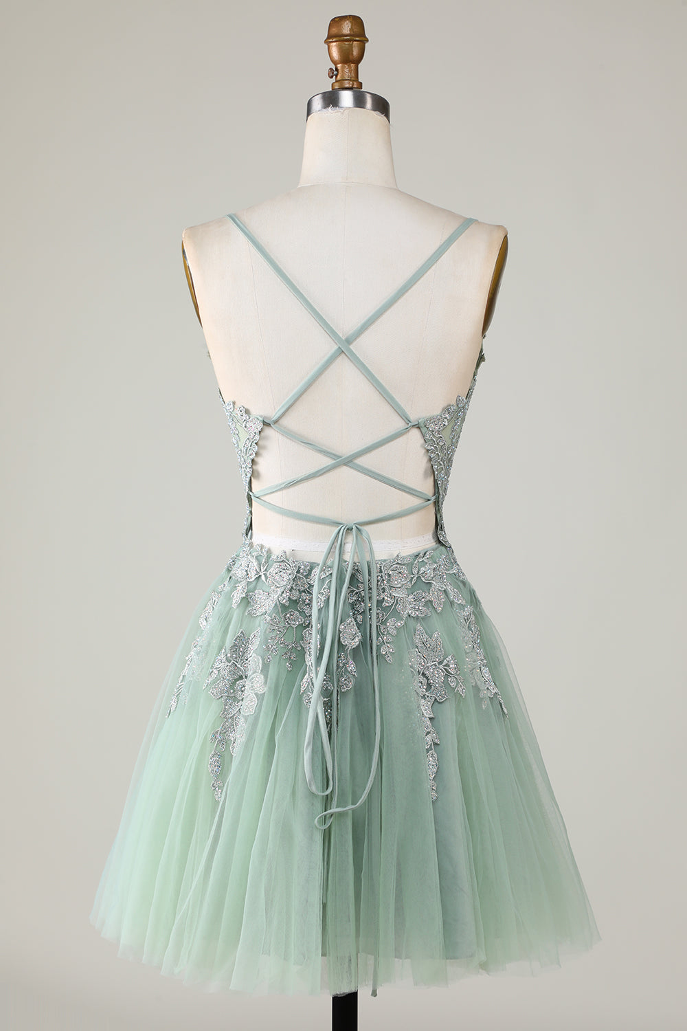 Stylish A Line Spaghetti Straps Green Short Homecoming Dress with Appliques