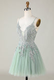 Stylish A Line Spaghetti Straps Green Short Homecoming Dress with Appliques