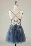 A Line Spaghetti Straps Grey Blue Short Homecoming Dress with Appliques