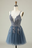 A Line Spaghetti Straps Grey Blue Short Homecoming Dress with Appliques
