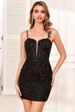 Bodycon Spaghetti Straps Black Sequins Short Homecoming Dress with Criss Cross Back