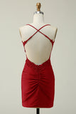 Sheath Spaghetti Straps Dark Red Short Homecoming Dress with Appliques