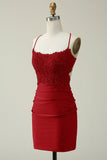 Sheath Spaghetti Straps Dark Red Short Homecoming Dress with Appliques