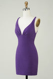 Stylish Deep V Neck Purple Short Homecoming Dress with Criss Cross Back