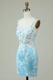 Sheath Spaghetti Straps Light Blue Short Homecoming Dress with Appliques