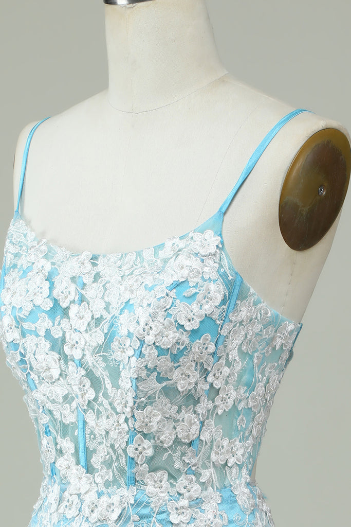 Elegant Blue Spaghetti Straps Sheath Cocktail Dress Short Party Dress Homecoming Dress