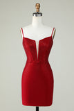Sheath Spaghetti Straps Red Short Homecoming Dress with Beading