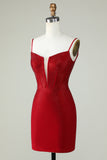 Sheath Spaghetti Straps Red Short Homecoming Dress with Beading