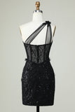 Bodycon One Shoulder Black Corset Homecoming Dress with Appliques