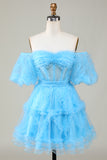 Cute A line Blue Tulle Off The Shoulder Short Homecoming Dress