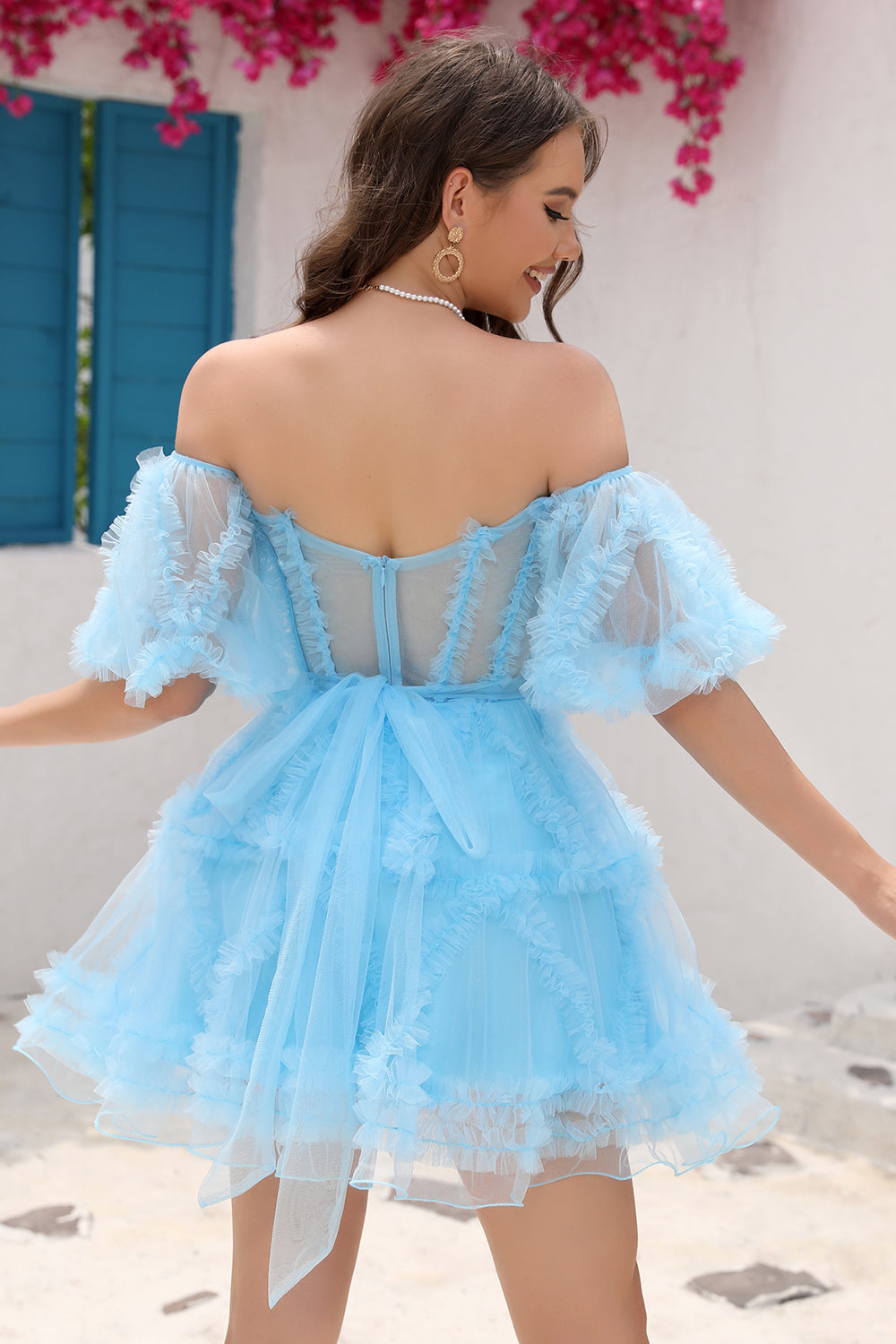 Hot Pink Off the Shoulder Tulle Homecoming Dress