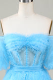 Cute A line Blue Tulle Off The Shoulder Short Homecoming Dress