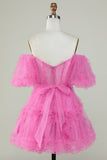 Stylish A Line Off the Shoulder Fuchsia Corset Homecoming Dress with Sleeves