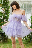 A Line Purple Tulle Off The Shoulder Short Homecoming Dress
