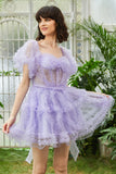 A Line Purple Tulle Off The Shoulder Short Homecoming Dress