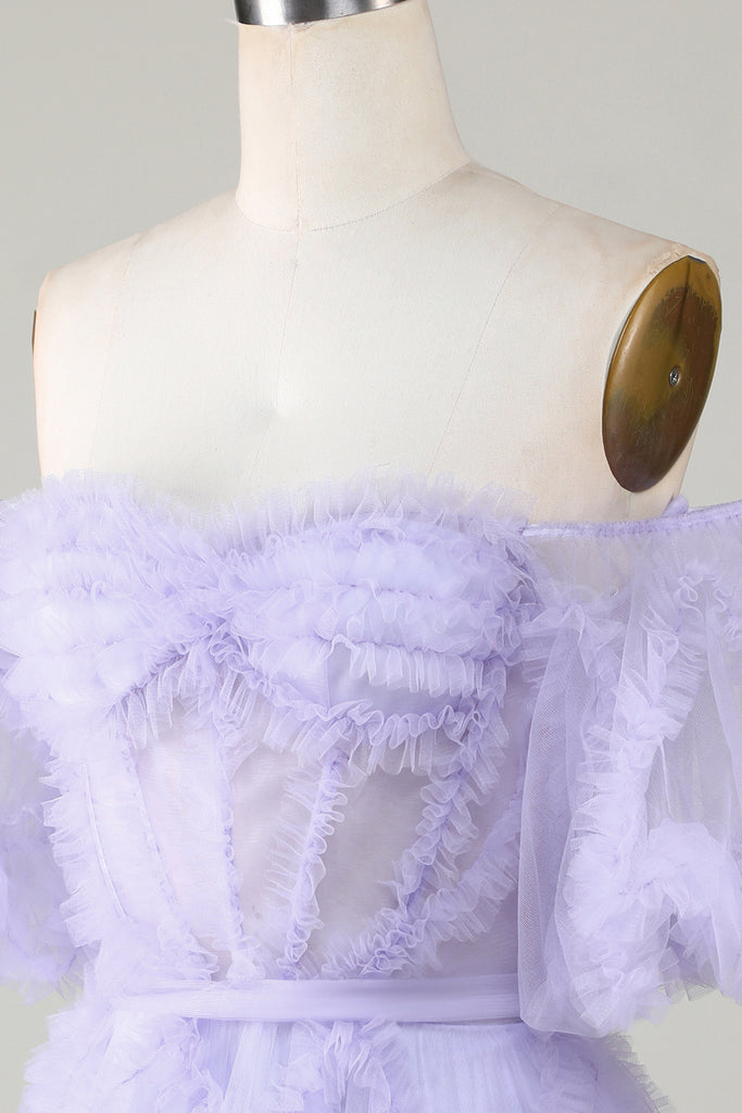 Vintage Off The Shoulder Purple Tulle Lace Beaded Short Formal Homecoming Dress Birthday Outfits Y9441 main image 1