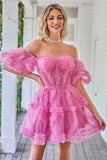 Cute A line Blush Tulle Off The Shoulder Short Homecoming Dress