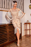 Sequins Champagne Roaring 20s Great Gatsby Fringed Flapper Dress with Sleeve