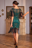 Sequins Dark Green Roaring 20s Great Gatsby Fringed Flapper Dress with Sleeve