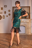 Sequins Dark Green Roaring 20s Great Gatsby Fringed Flapper Dress with Sleeve