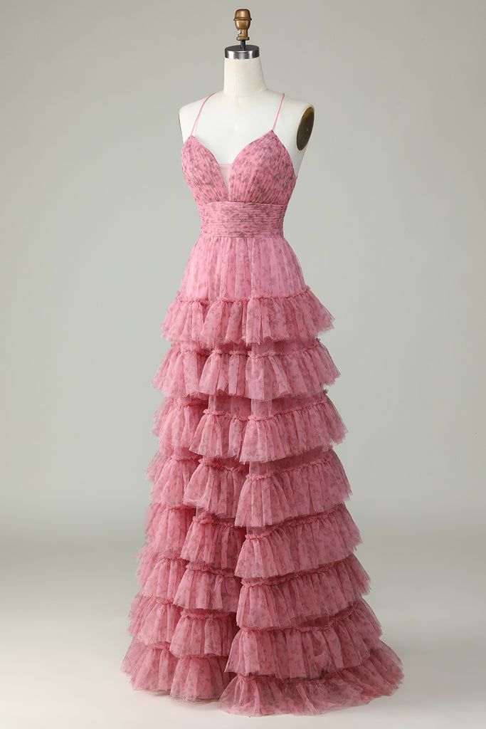 Sheath Spaghetti Straps Tulle Floral Print Floor-Length Formal Dresses