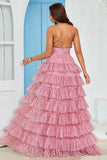 A Line Spaghetti Straps Layered Pink Floral Printed Tulle Prom Dress
