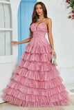 A Line Spaghetti Straps Layered Pink Floral Printed Tulle Prom Dress