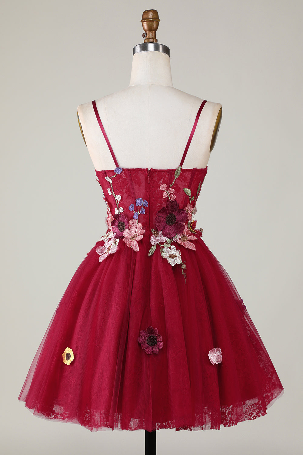 Gorgeous A Line Spaghetti Straps Burgundy Short Homecoming Dress with 3D Flowers