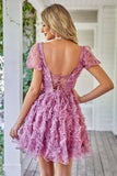 Floral A Line Purple Homecoming Dress with Ruffles