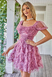 Floral A Line Purple Homecoming Dress with Ruffles